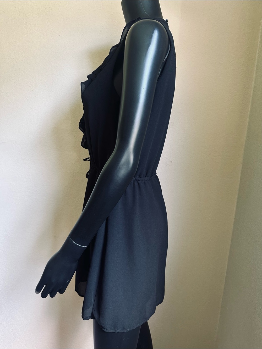 Love Tree Black Chiffon Ruffle-Front Drawstring Mini Dress - Picture 7 of 13